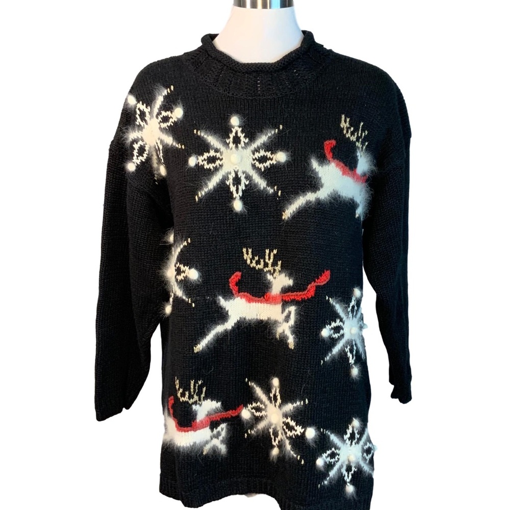 Angora Reindeer Snowflake Christmas Sweater Large